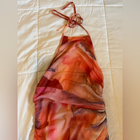 Zara Pink Tie Dye Mesh Halter Ruched Bodycon Midi Dress - Picture 4 of 6